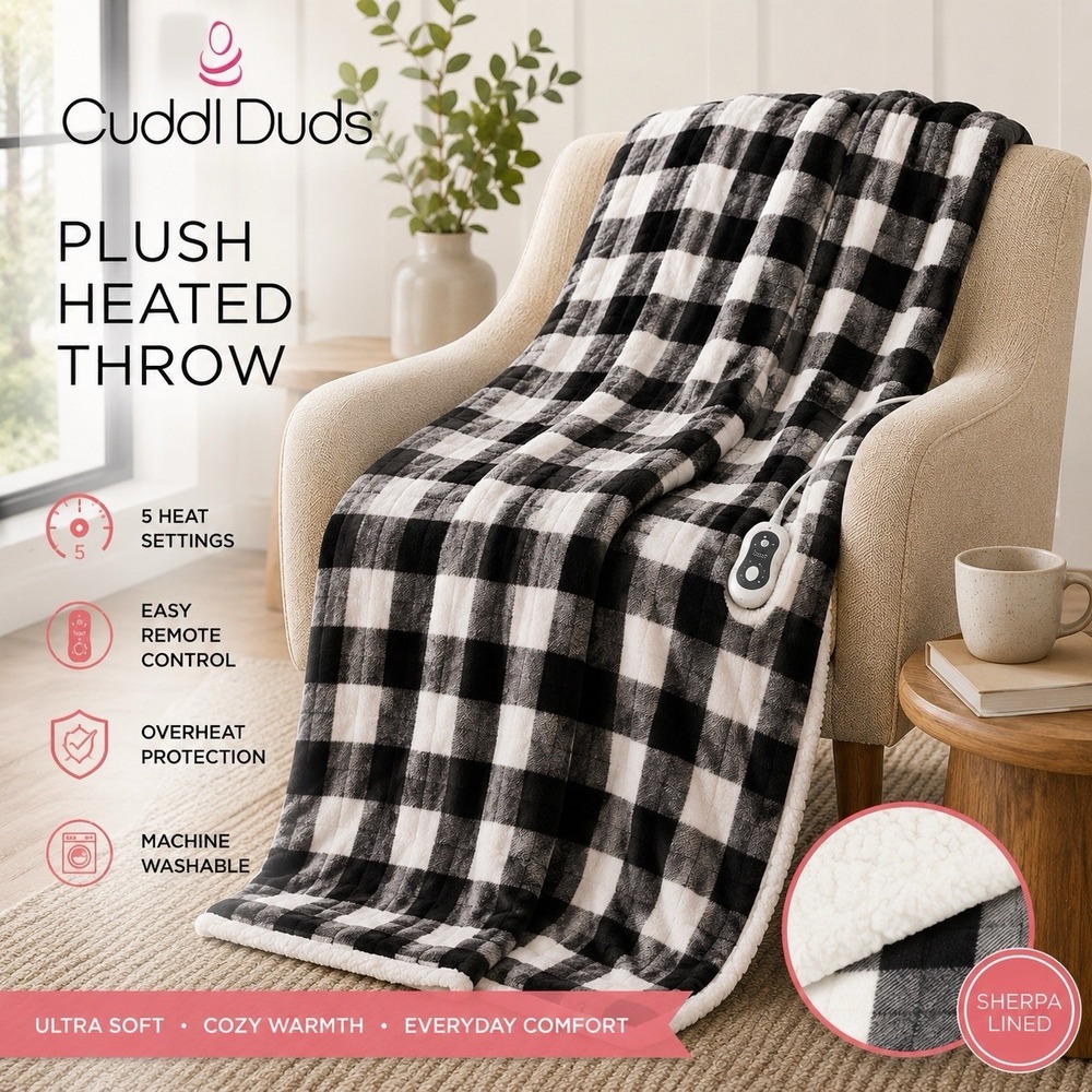 Cuddl Duds Plush Heated Throw Blanket Black White Buffalo Check Hygge Farmhouse